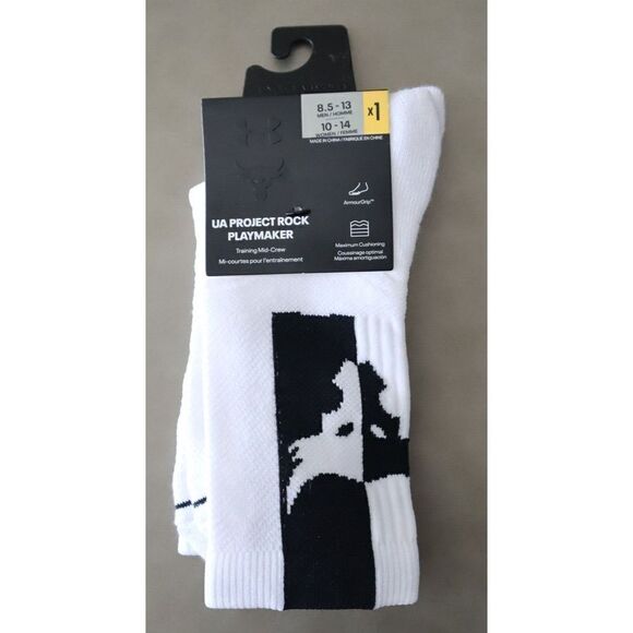 Under Armour 1375676 100 Mens 8.5-13 White Project Rock Playmaker Mid-Crew Socks - Picture 1 of 6